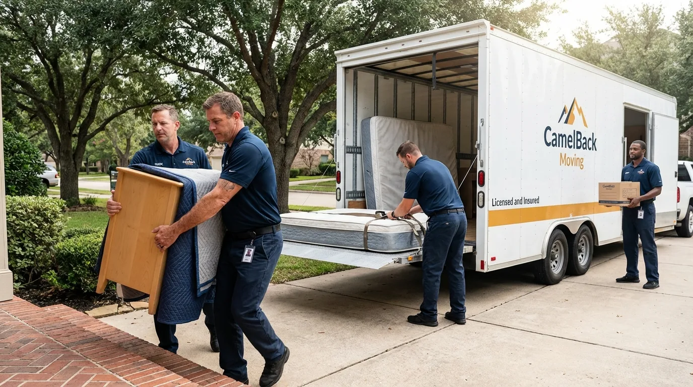 Crew loading residential truck for cross-state move from Sheboygan, WI