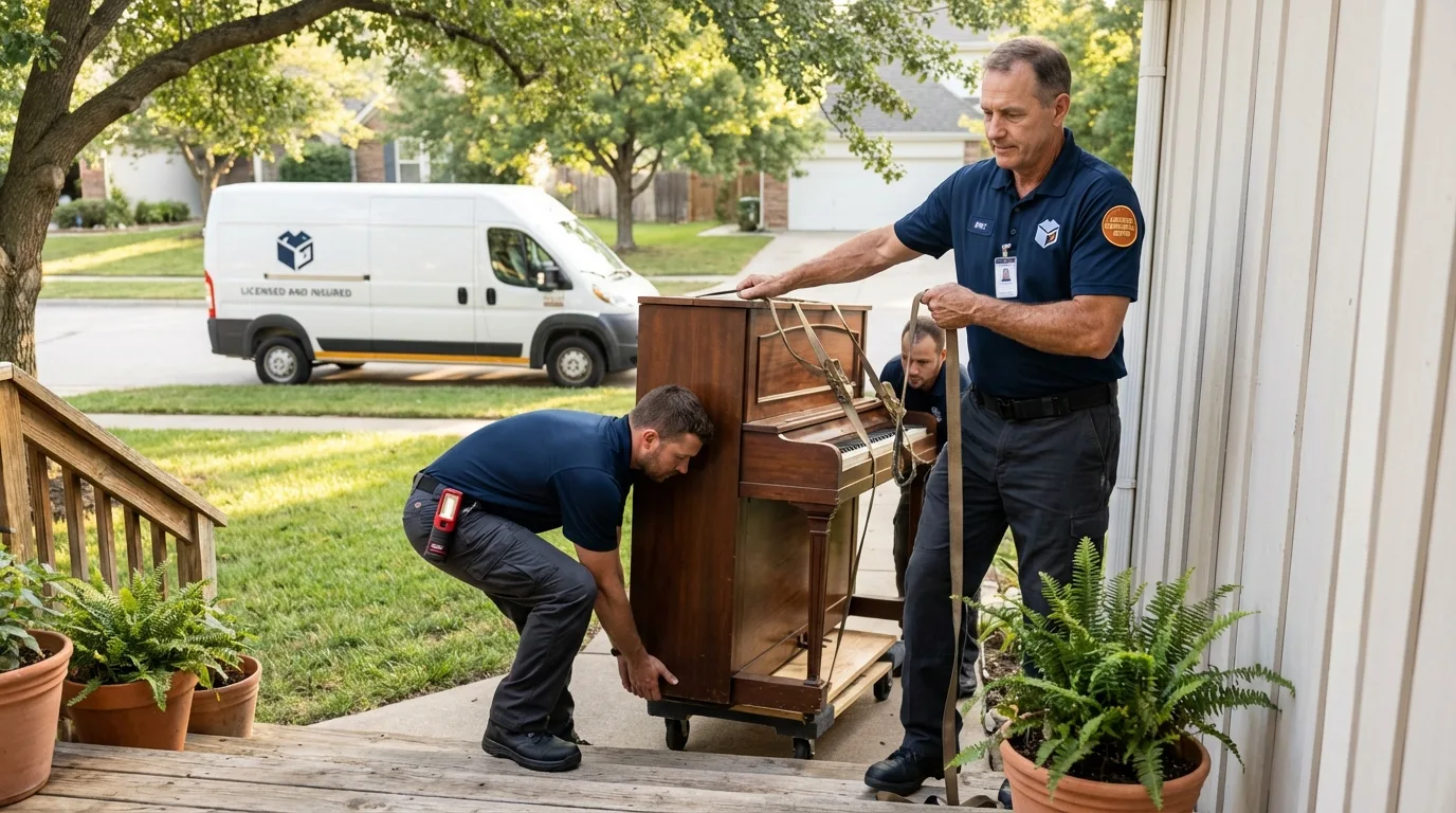 Licensed piano movers securing grand piano in Sheboygan, WI